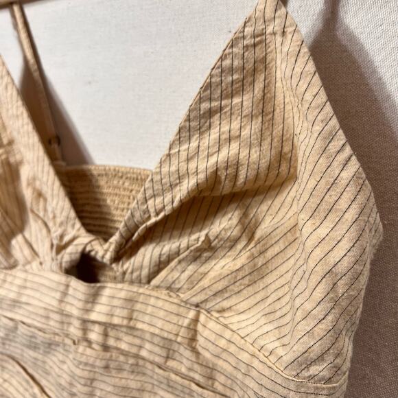 Zara Pinstripe Crop Top V Neck Keyhole Cutout Ruched Smocked Back Cream Size S - Picture 5 of 11